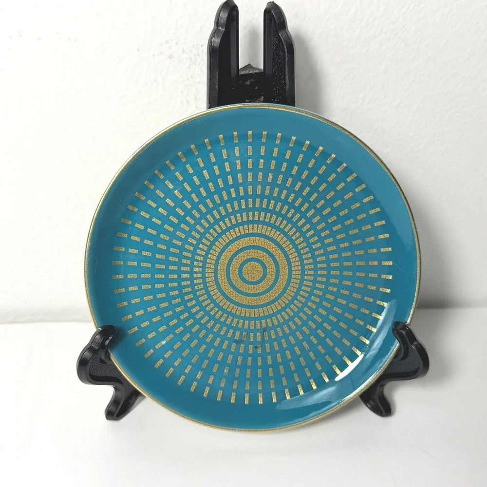 Jonathan Adler Santorini Mykonos Teal Gold Round Porcelain Trinket Dish 4.75